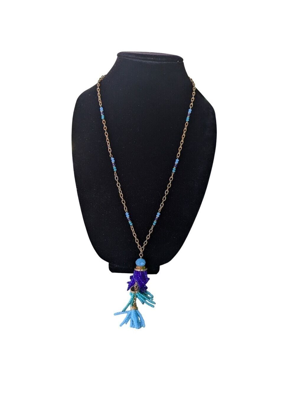 Boho Chic Gold Chain Necklace with Blue & Purple Tassel Pendant Handmade